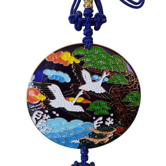 Vintage Blessing Enamel & Macrame Wall Hanging Crane and Turtle - Picture 2 of 5